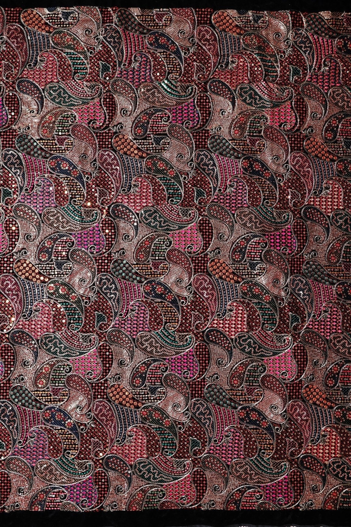 Gorgeous Multi Thread With Gold Sequins Paisley Heavy Embroidery On Wine Georgette Fabric - doeraa