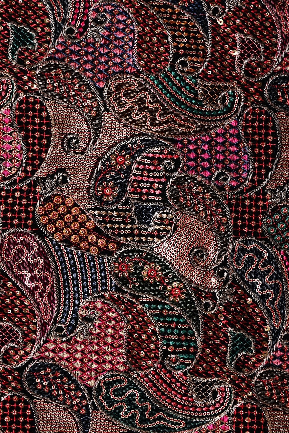 Gorgeous Multi Thread With Gold Sequins Paisley Heavy Embroidery On Wine Georgette Fabric - doeraa