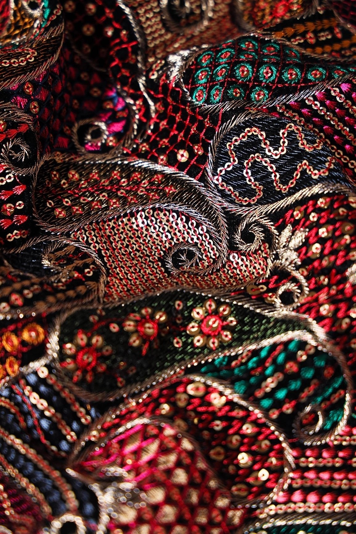 Gorgeous Multi Thread With Gold Sequins Paisley Heavy Embroidery On Wine Georgette Fabric - doeraa