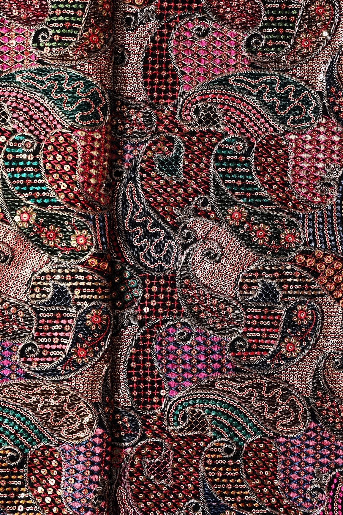Gorgeous Multi Thread With Gold Sequins Paisley Heavy Embroidery On Wine Georgette Fabric - doeraa