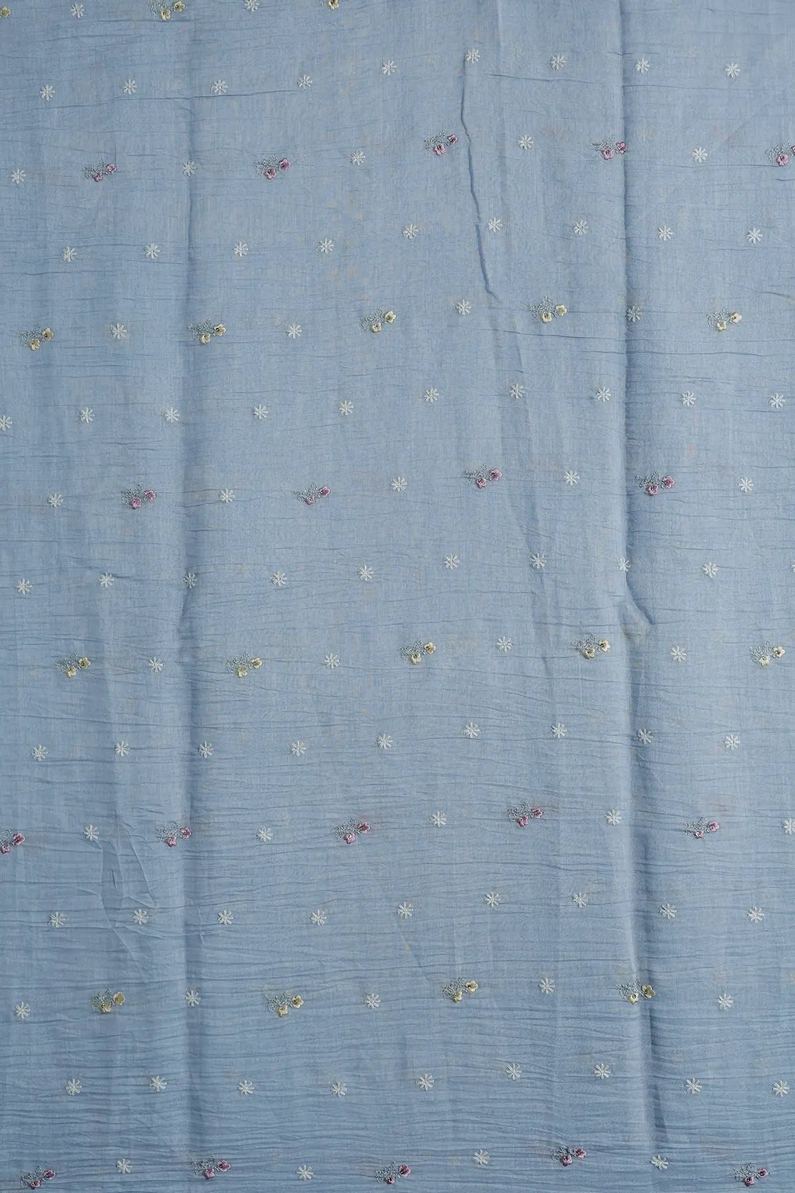 Gorgeous Multi Thread With Sequins Floral Embroidery Work On Pastel Blue Pure Mul Chanderi Silk Fabric - doeraa