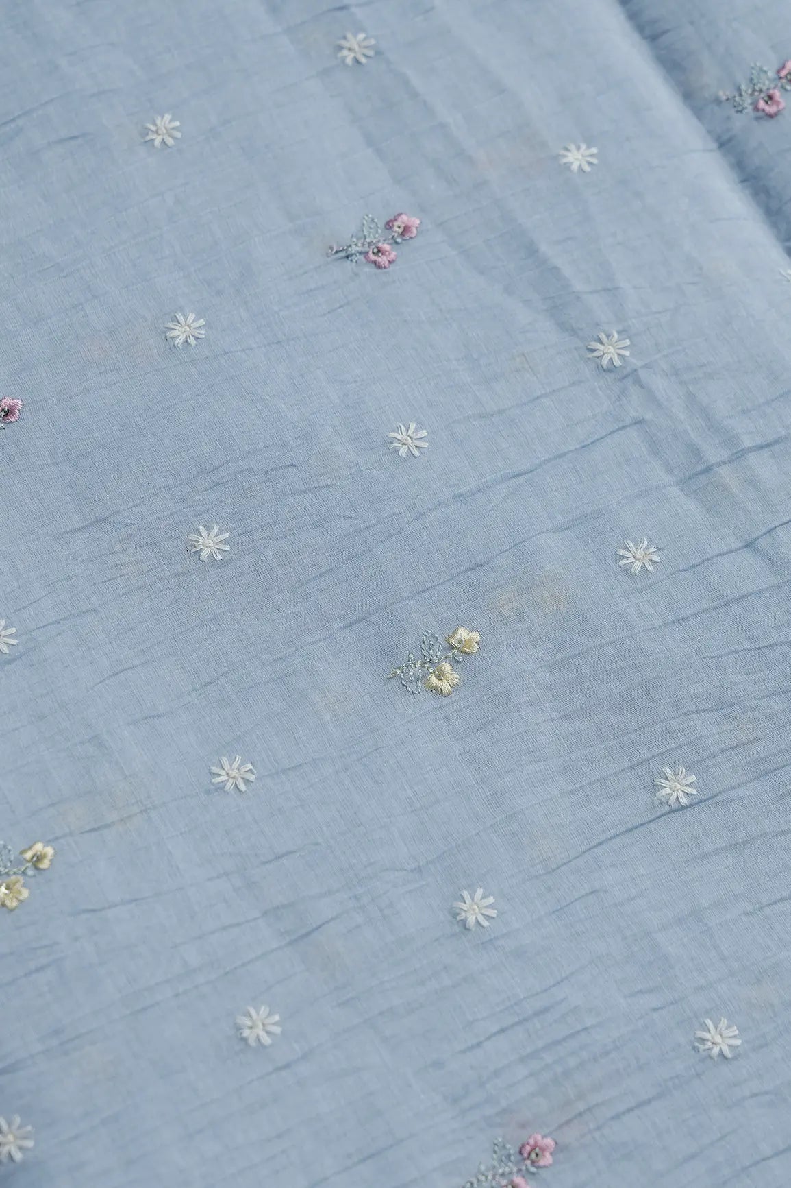Gorgeous Multi Thread With Sequins Floral Embroidery Work On Pastel Blue Pure Mul Chanderi Silk Fabric - doeraa