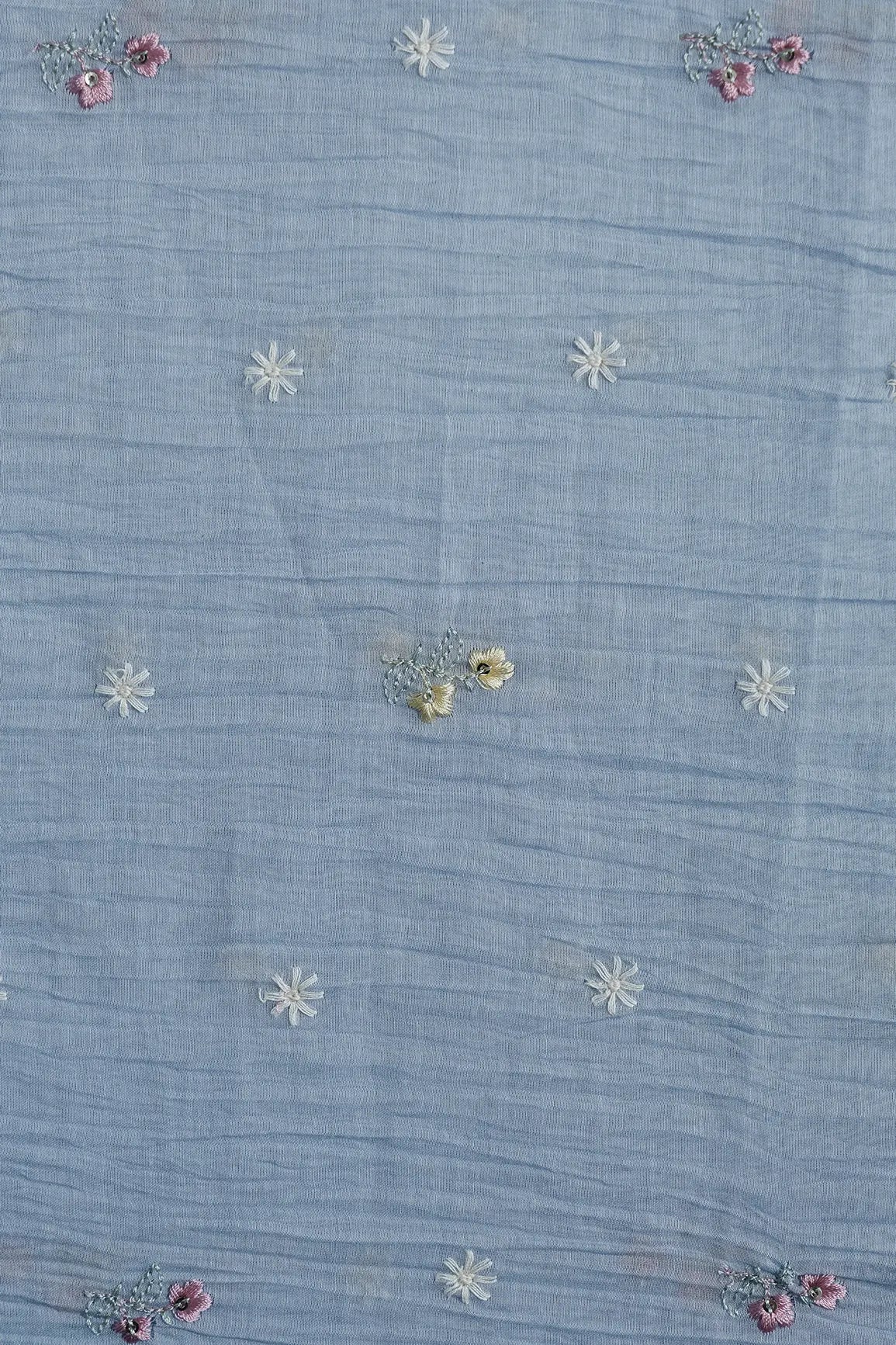 Gorgeous Multi Thread With Sequins Floral Embroidery Work On Pastel Blue Pure Mul Chanderi Silk Fabric - doeraa