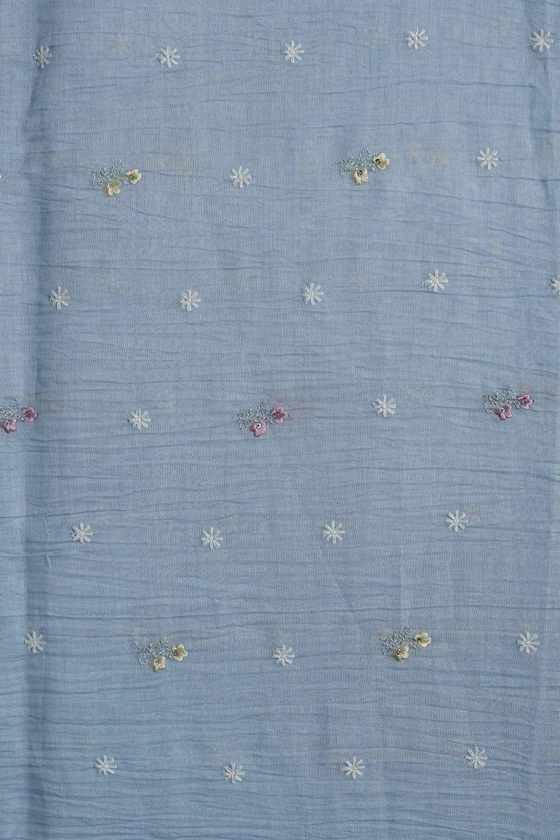 Gorgeous Multi Thread With Sequins Floral Embroidery Work On Pastel Blue Pure Mul Chanderi Silk Fabric - doeraa