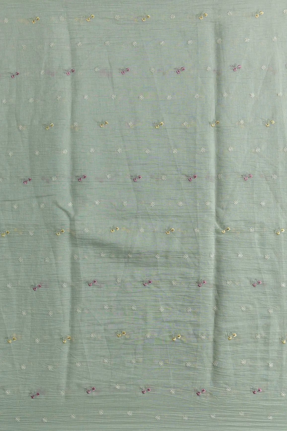 Gorgeous Multi Thread With Sequins Floral Embroidery Work On Pastel Olive Green Pure Mul Chanderi Silk Fabric - doeraa