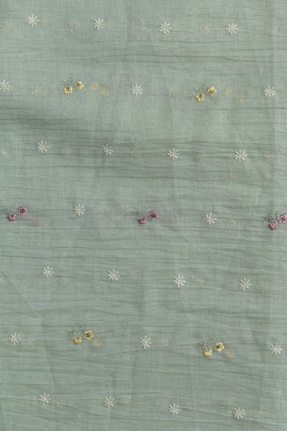 Gorgeous Multi Thread With Sequins Floral Embroidery Work On Pastel Olive Green Pure Mul Chanderi Silk Fabric - doeraa