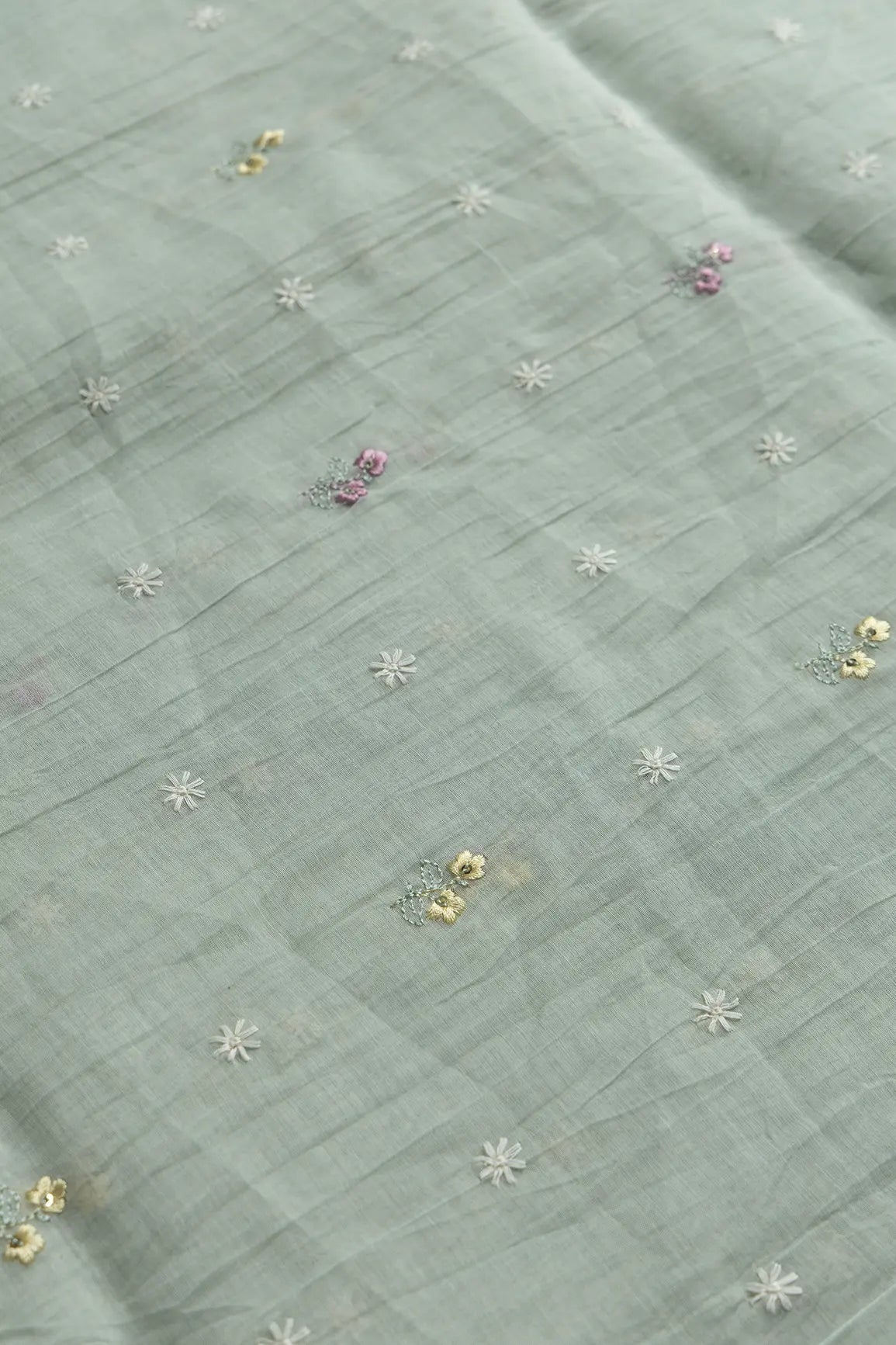 Gorgeous Multi Thread With Sequins Floral Embroidery Work On Pastel Olive Green Pure Mul Chanderi Silk Fabric - doeraa