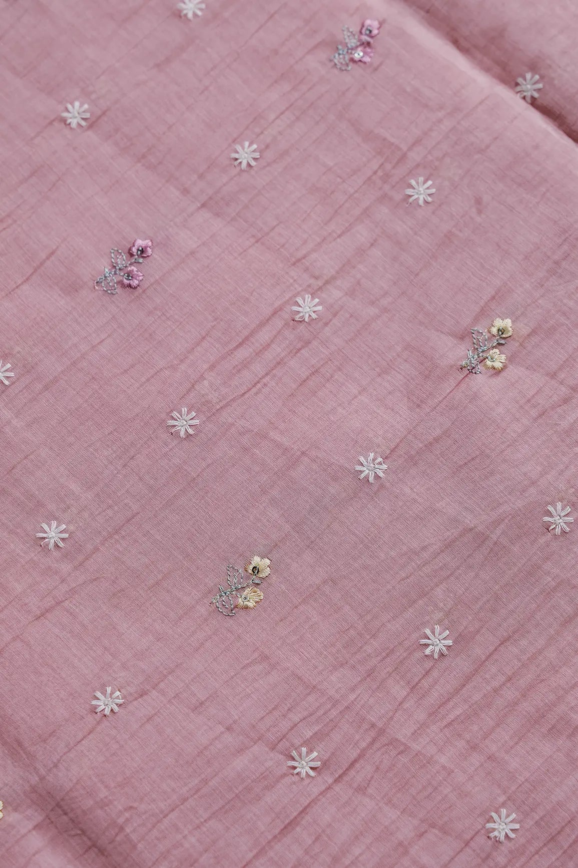 Gorgeous Multi Thread With Sequins Floral Embroidery Work On Pastel Pink Pure Mul Chanderi Silk Fabric - doeraa