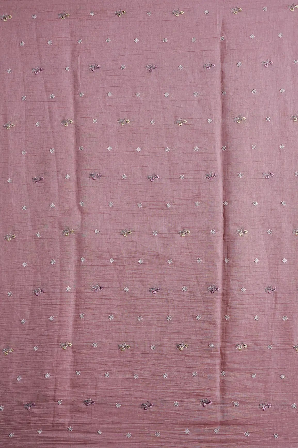 Gorgeous Multi Thread With Sequins Floral Embroidery Work On Pastel Pink Pure Mul Chanderi Silk Fabric - doeraa