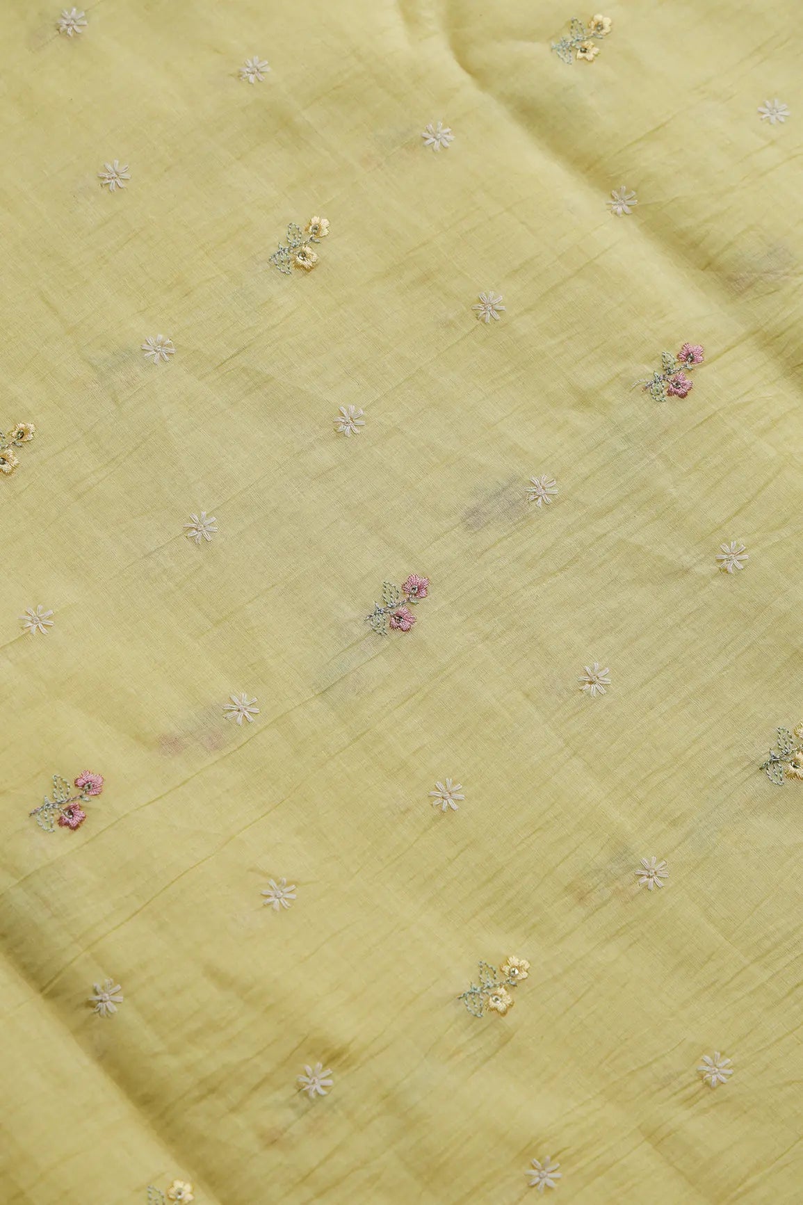 Gorgeous Multi Thread With Sequins Floral Embroidery Work On Pastel Yellow Pure Mul Chanderi Silk Fabric - doeraa