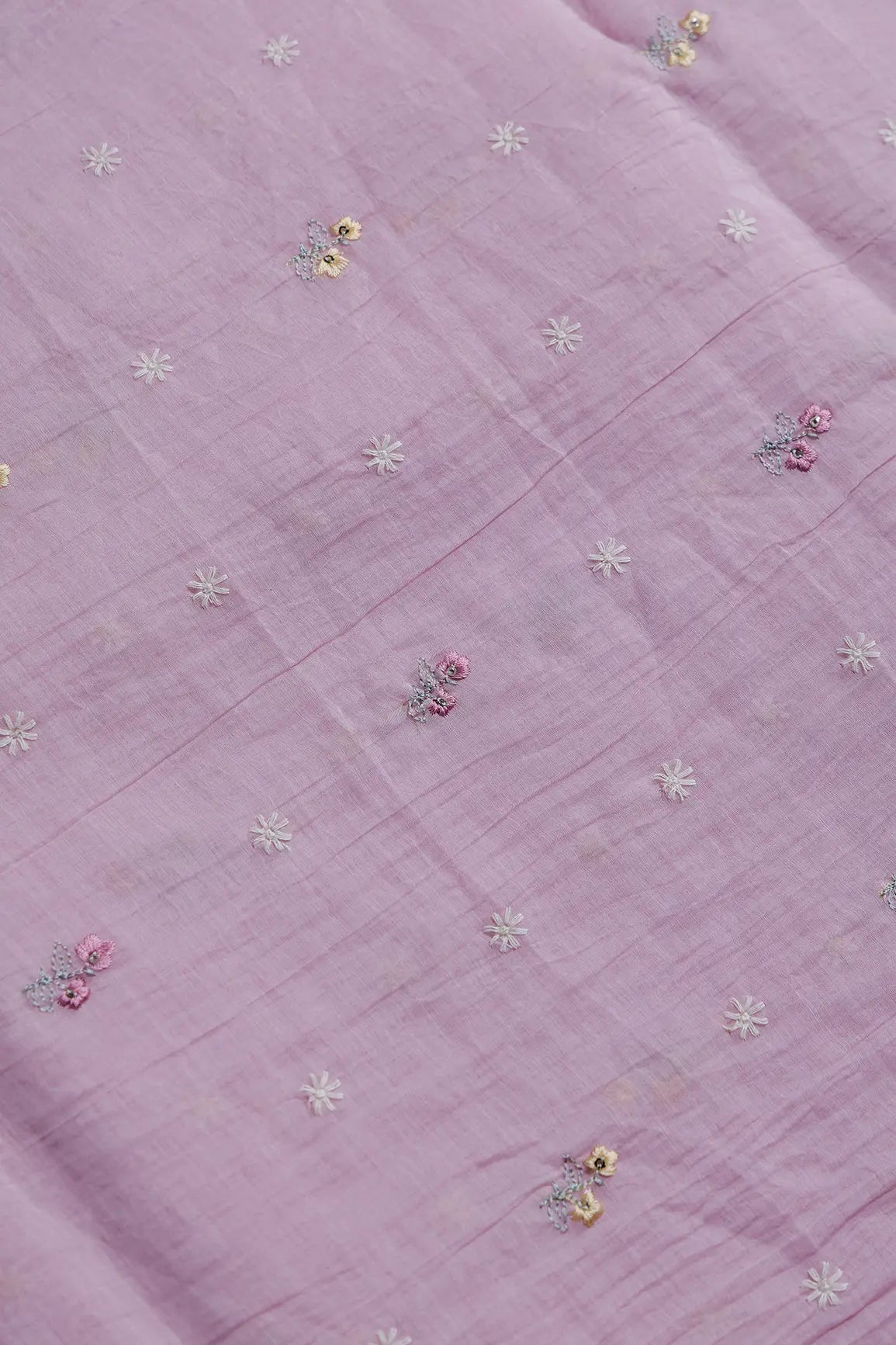 Gorgeous Multi Thread With Sequins Floral Embroidery Work On Pink Pure Mul Chanderi Silk Fabric - doeraa