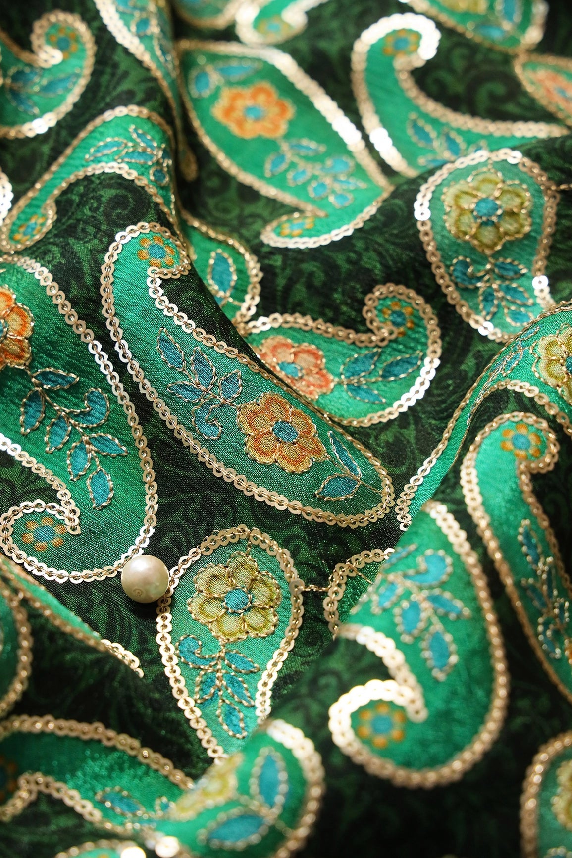 Gorgeous Paisley Position Print On Sequins Embroidery Bottle Green Viscose Chinnon Chiffon Fabric - doeraa