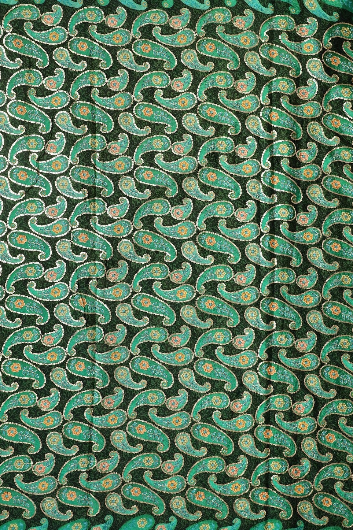 Gorgeous Paisley Position Print On Sequins Embroidery Bottle Green Viscose Chinnon Chiffon Fabric - doeraa