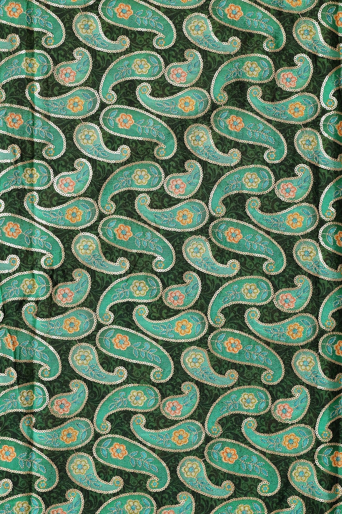 Gorgeous Paisley Position Print On Sequins Embroidery Bottle Green Viscose Chinnon Chiffon Fabric - doeraa