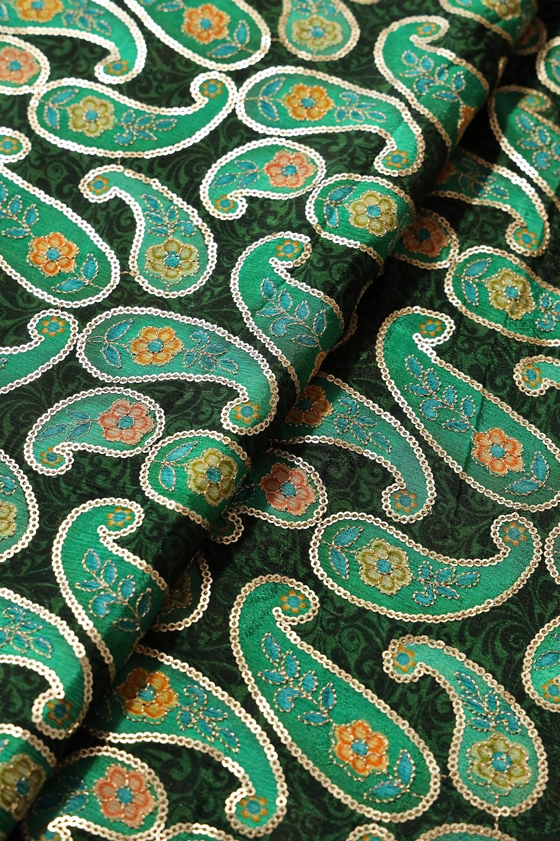 Gorgeous Paisley Position Print On Sequins Embroidery Bottle Green Viscose Chinnon Chiffon Fabric - doeraa