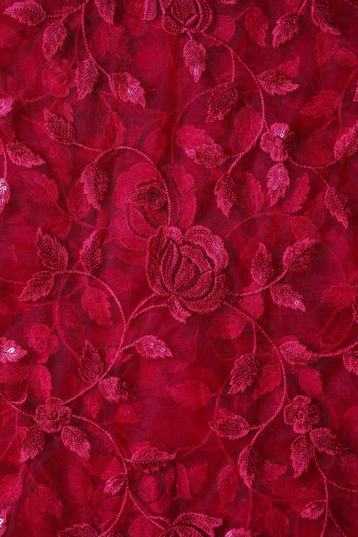 Gorgeous Red Thread With Sequins Floral Leafy Embroidery On Cherry Red Soft Net Fabric - doeraa