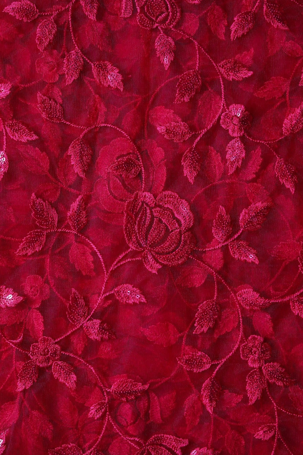 Gorgeous Red Thread With Sequins Floral Leafy Embroidery On Cherry Red Soft Net Fabric - doeraa