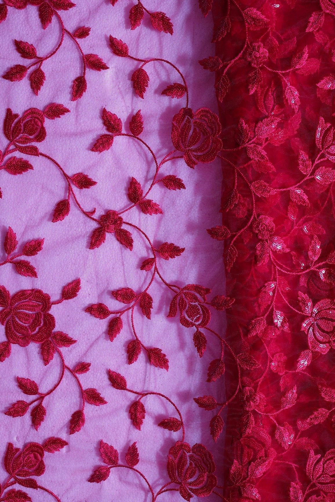 Gorgeous Red Thread With Sequins Floral Leafy Embroidery On Cherry Red Soft Net Fabric - doeraa