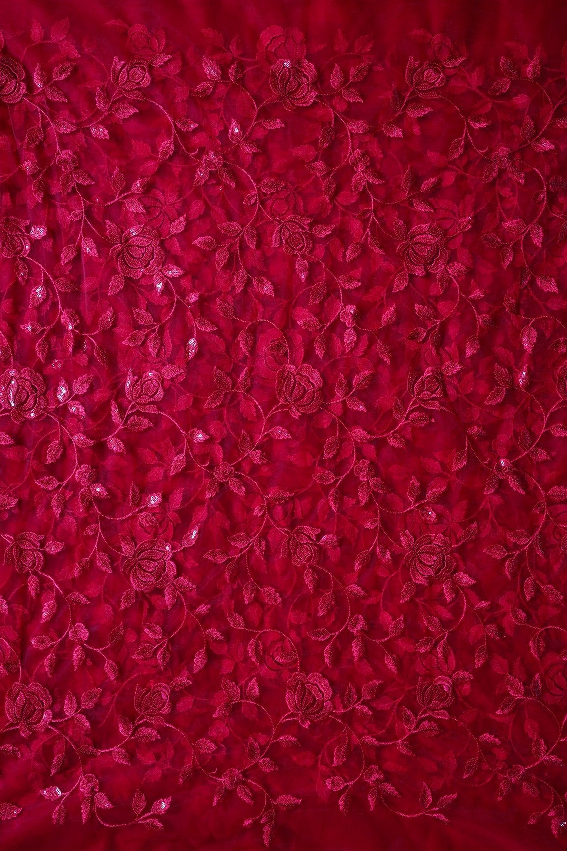 Gorgeous Red Thread With Sequins Floral Leafy Embroidery On Cherry Red Soft Net Fabric - doeraa