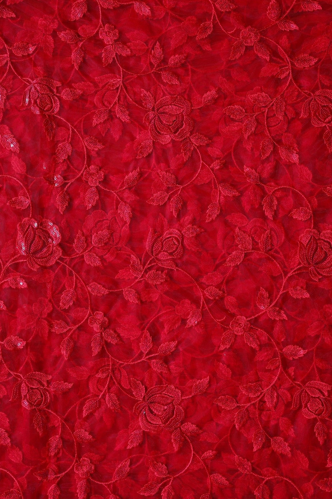 Gorgeous Red Thread With Sequins Floral Leafy Embroidery On Red Soft Net Fabric - doeraa