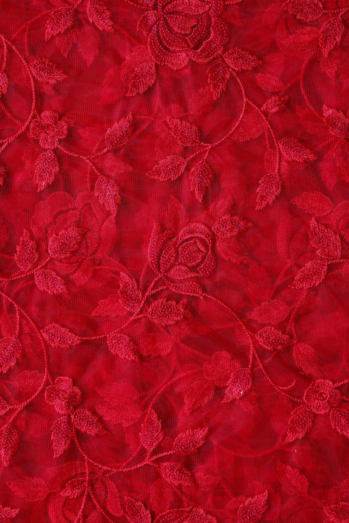 Gorgeous Red Thread With Sequins Floral Leafy Embroidery On Red Soft Net Fabric - doeraa