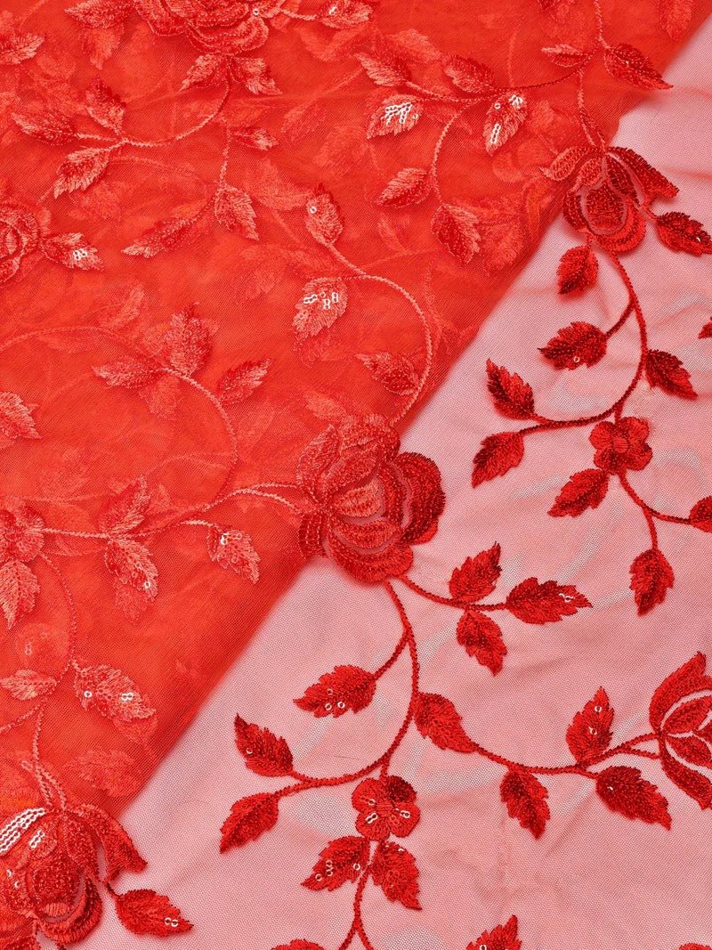 Gorgeous Rust Thread With Sequins Floral Leafy Embroidery On Rust Soft Net Fabric - doeraa