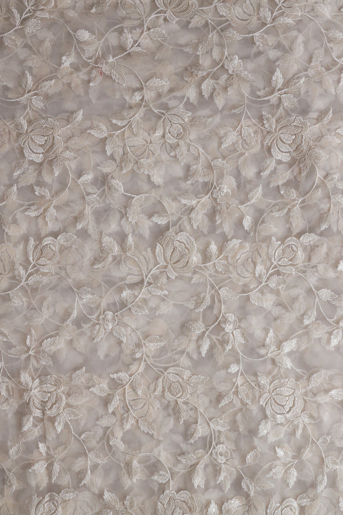 Gorgeous White Thread With Sequins Floral Leafy Embroidery On Dyeable White Soft Net Fabric - doeraa