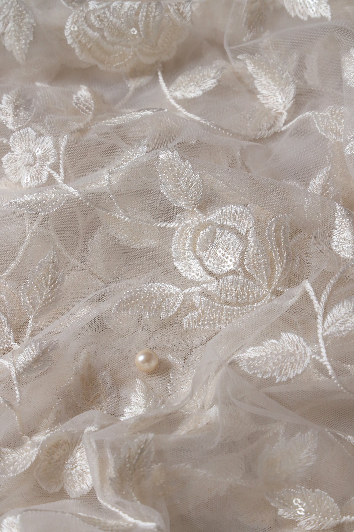 Gorgeous White Thread With Sequins Floral Leafy Embroidery On Dyeable White Soft Net Fabric - doeraa