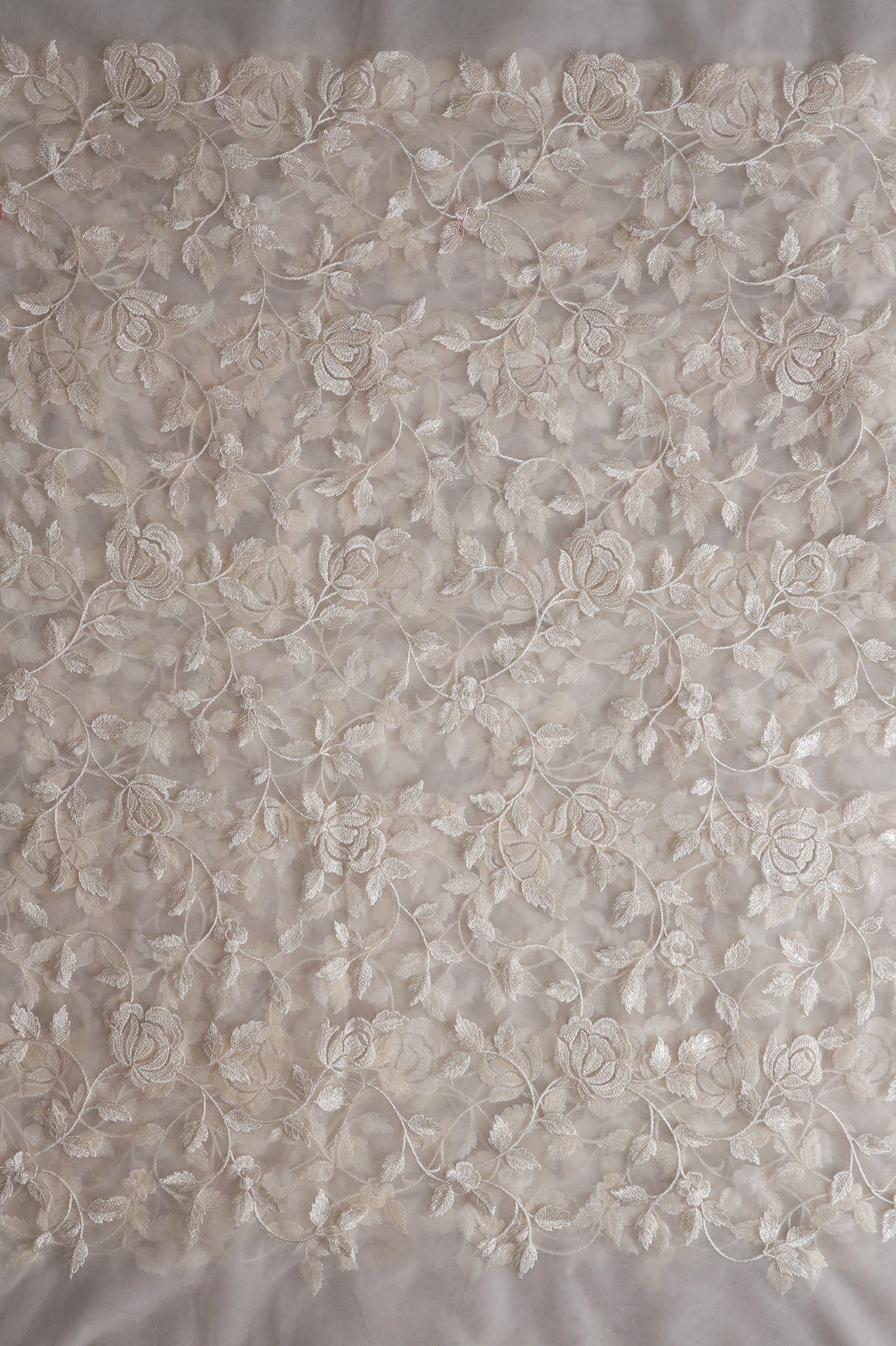Gorgeous White Thread With Sequins Floral Leafy Embroidery On Dyeable White Soft Net Fabric - doeraa
