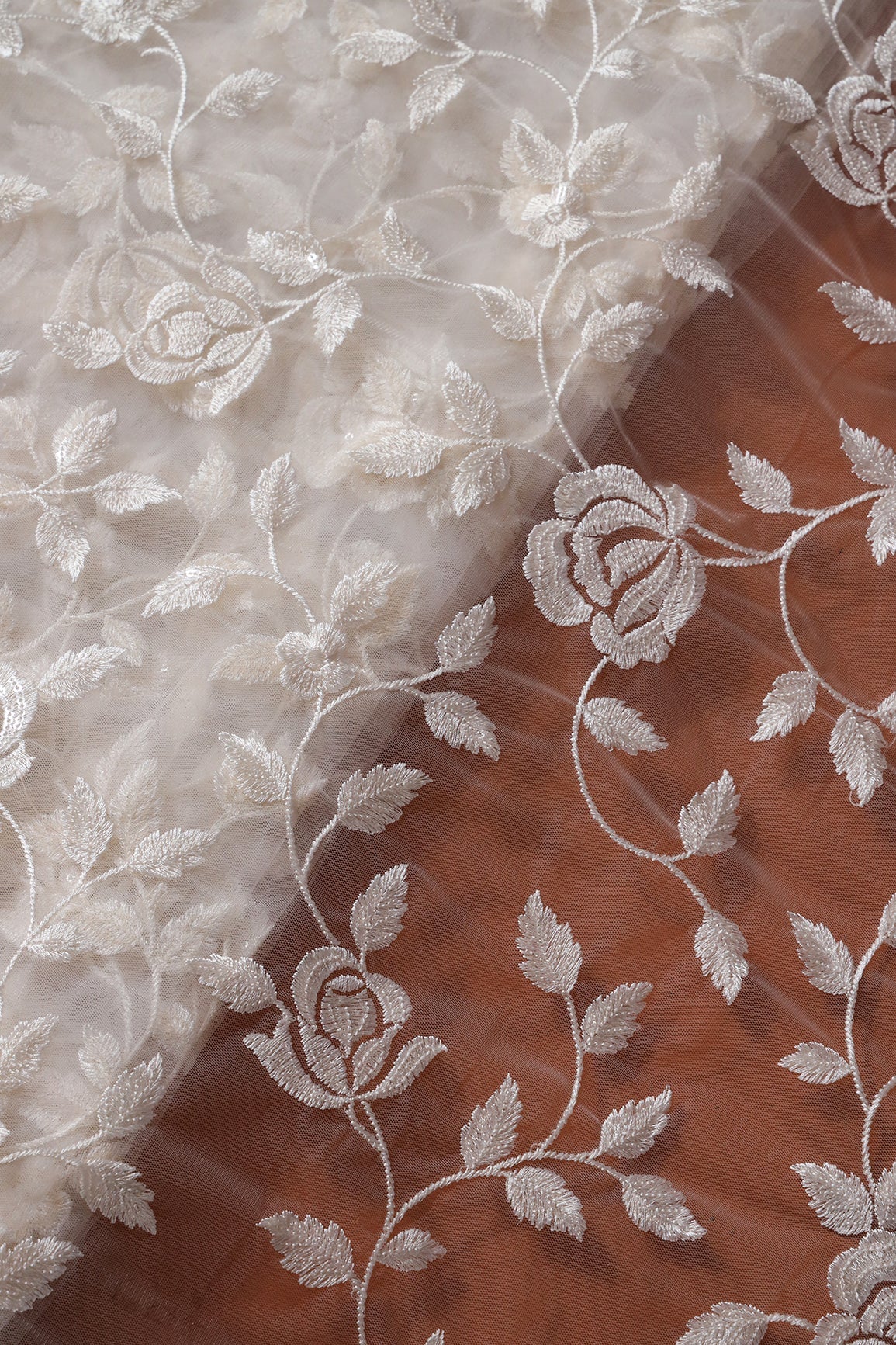 Gorgeous White Thread With Sequins Floral Leafy Embroidery On Dyeable White Soft Net Fabric - doeraa