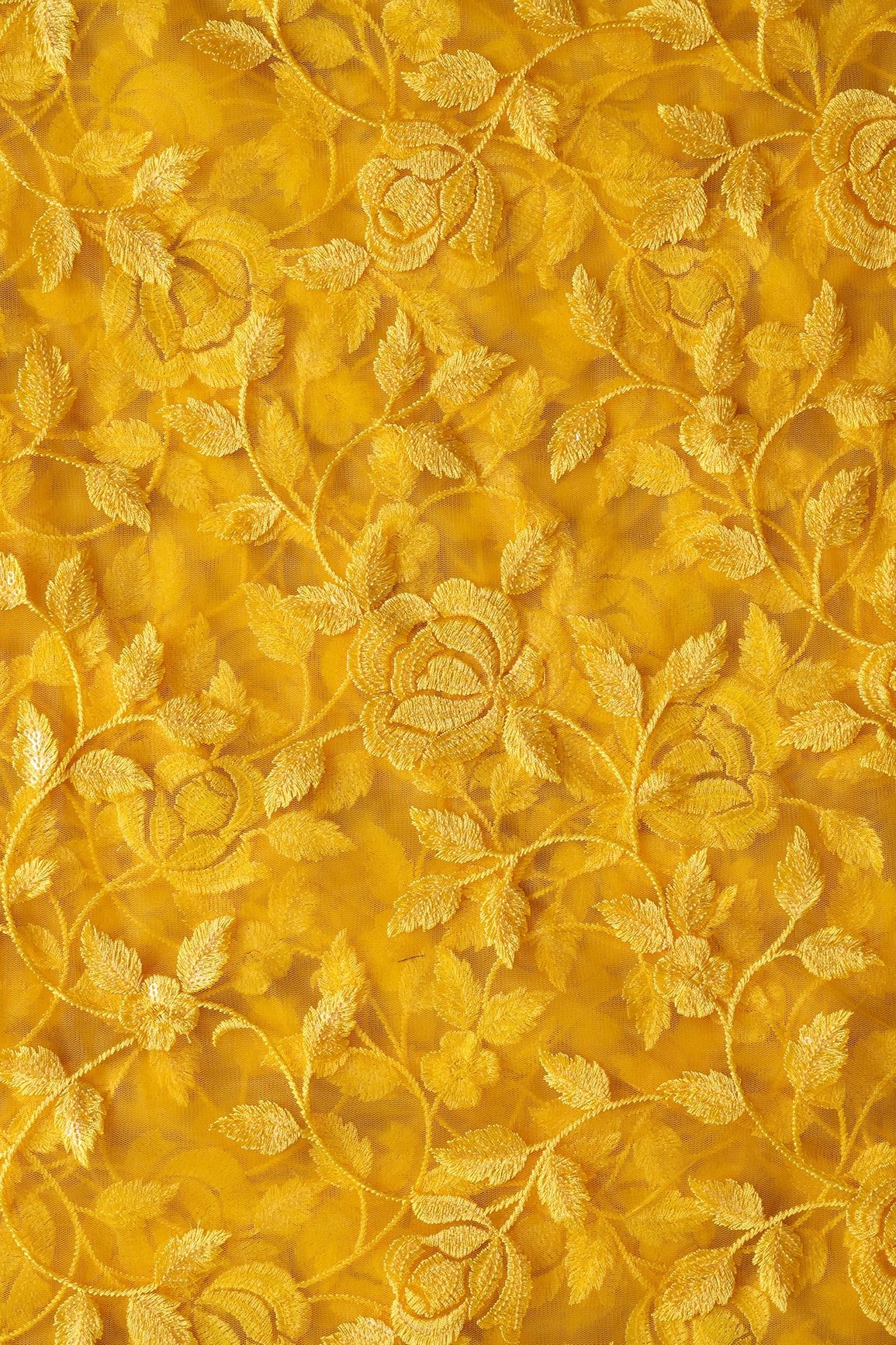 Gorgeous Yellow Thread With Sequins Floral Leafy Embroidery On Mustard Yellow Soft Net Fabric - doeraa