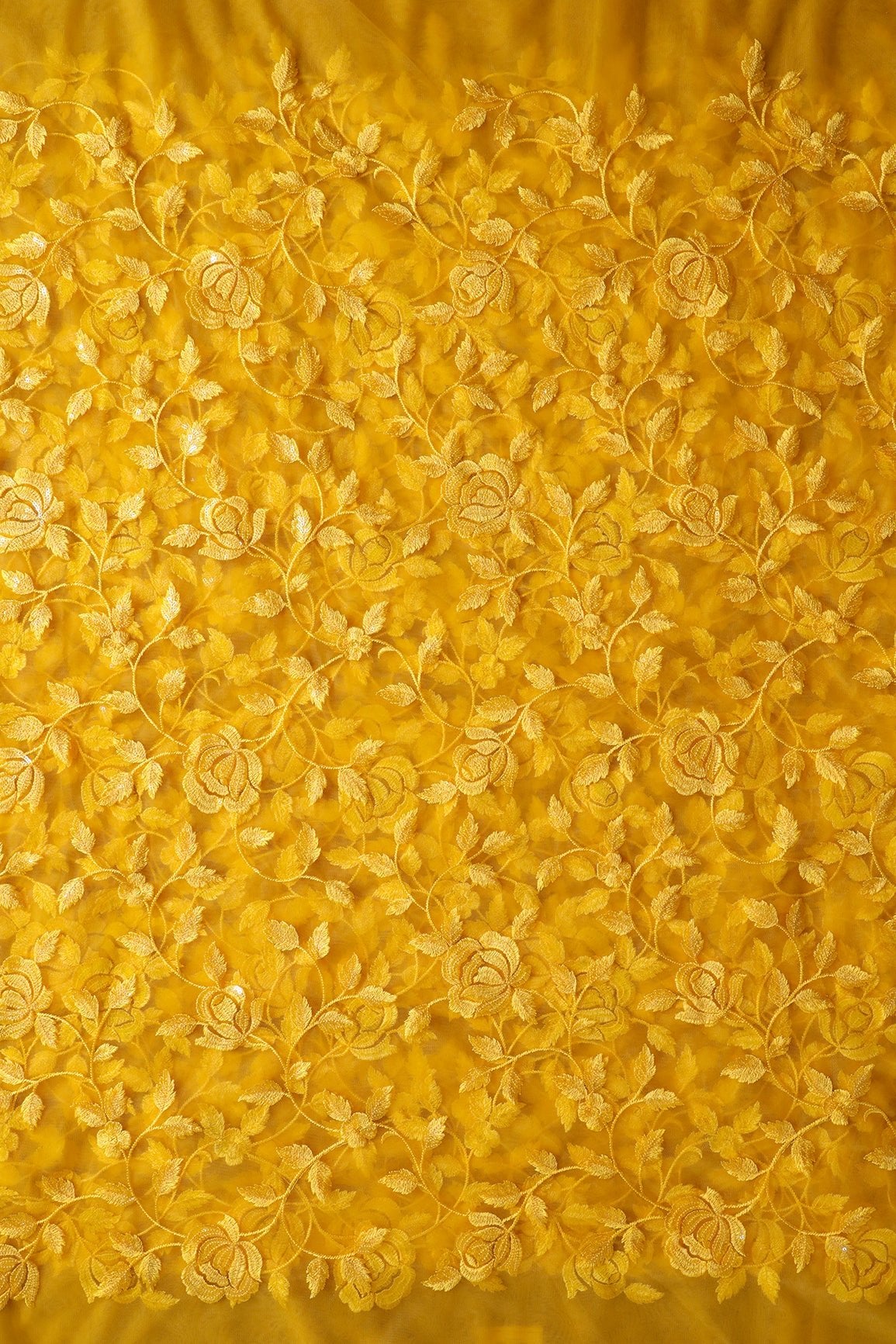 Gorgeous Yellow Thread With Sequins Floral Leafy Embroidery On Mustard Yellow Soft Net Fabric - doeraa