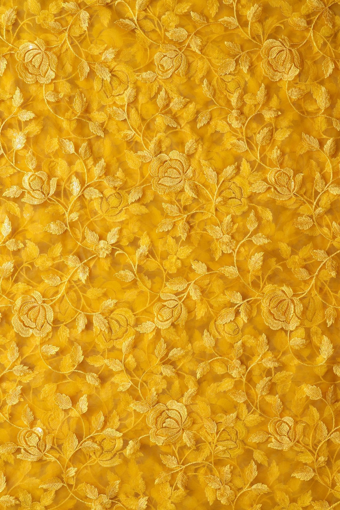 Gorgeous Yellow Thread With Sequins Floral Leafy Embroidery On Mustard Yellow Soft Net Fabric - doeraa