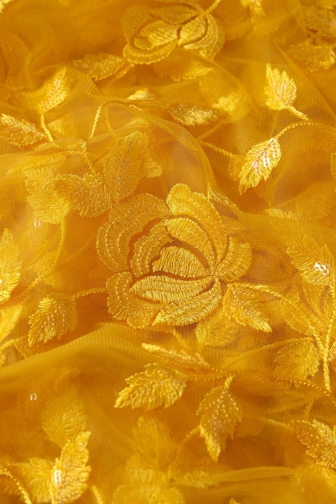 Gorgeous Yellow Thread With Sequins Floral Leafy Embroidery On Mustard Yellow Soft Net Fabric - doeraa