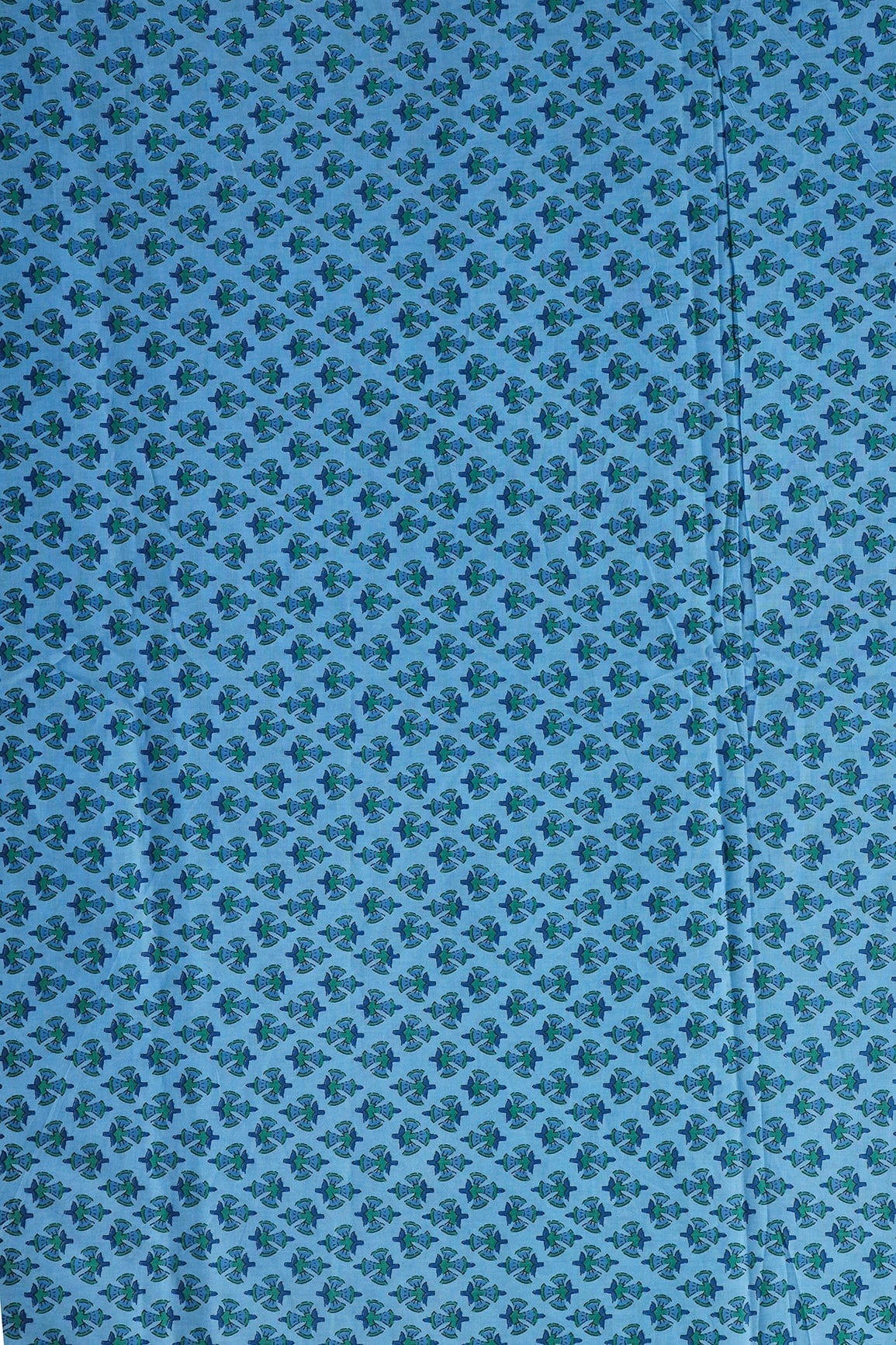 Green And Carolina Blue Floral Print On Pure Cotton Fabric - doeraa