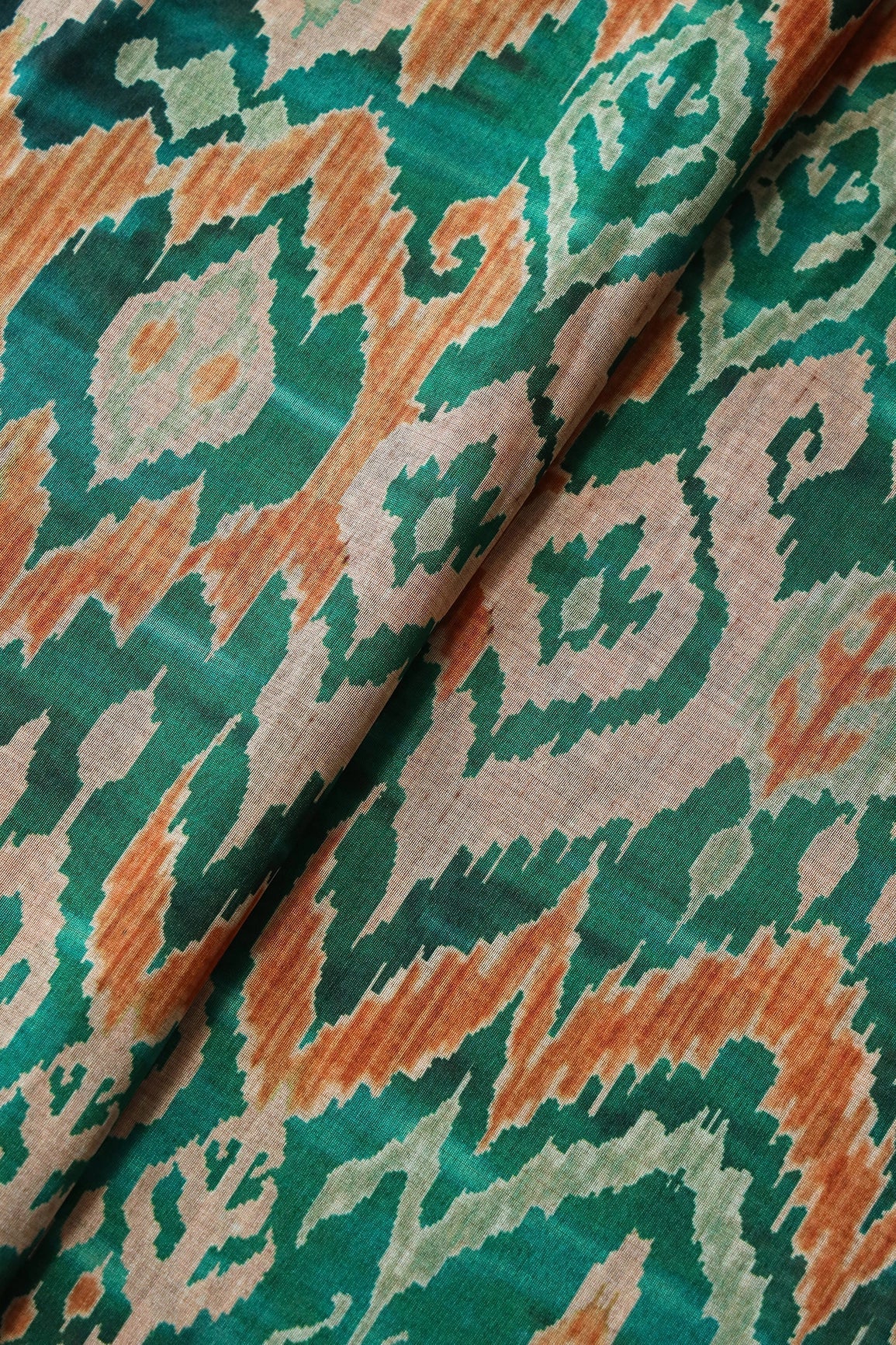 Green And Cream Ikat Pattern Digital Print On Mulberry Silk Fabric - doeraa