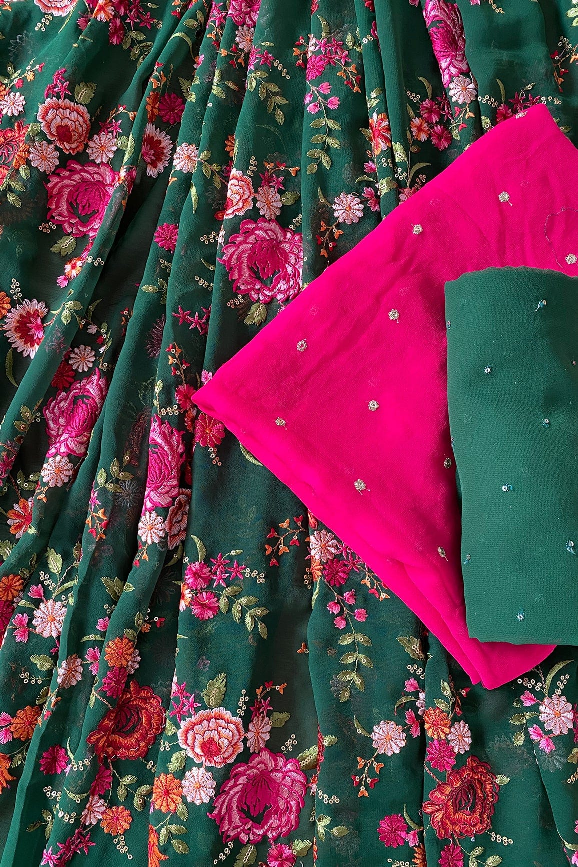 Green And Fuchsia Unstitched Lehenga Set Fabric (3 Piece) - doeraa