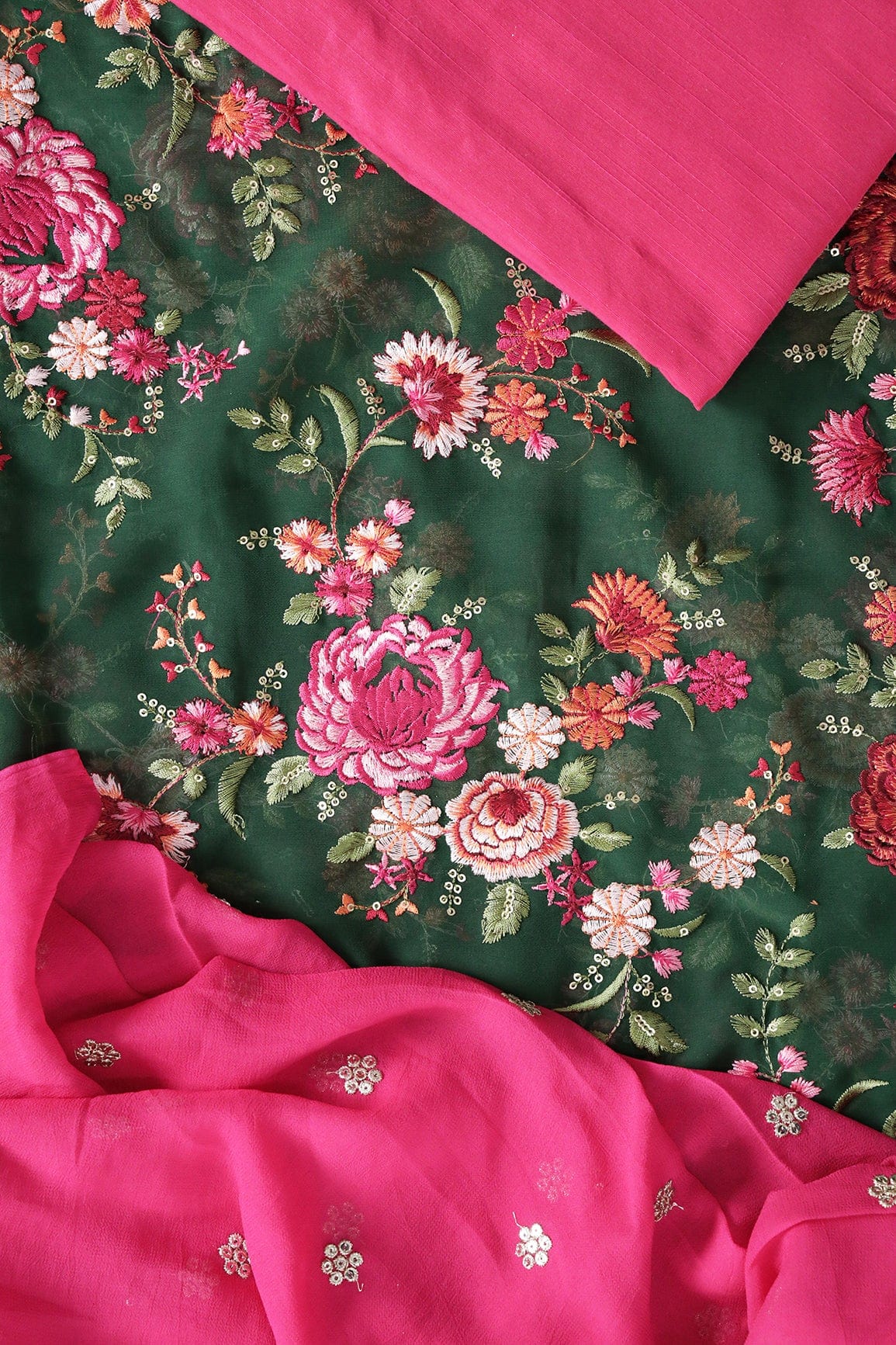 Green And Fuchsia Unstitched Suit (3 Piece) - doeraa