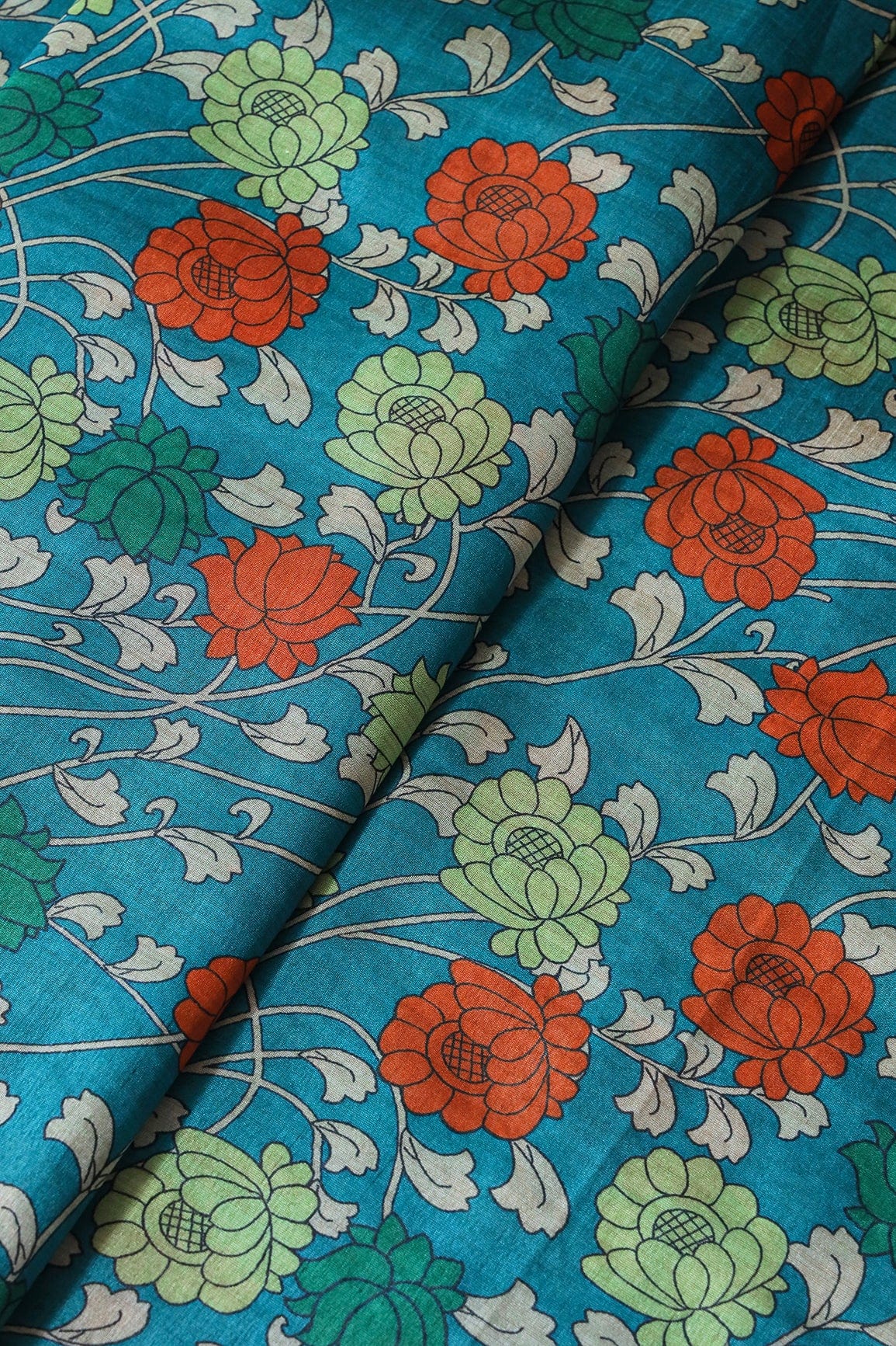 Green And Orange Color Floral Pattern Digital Print On Turquoise Mulberry Silk Fabric - doeraa