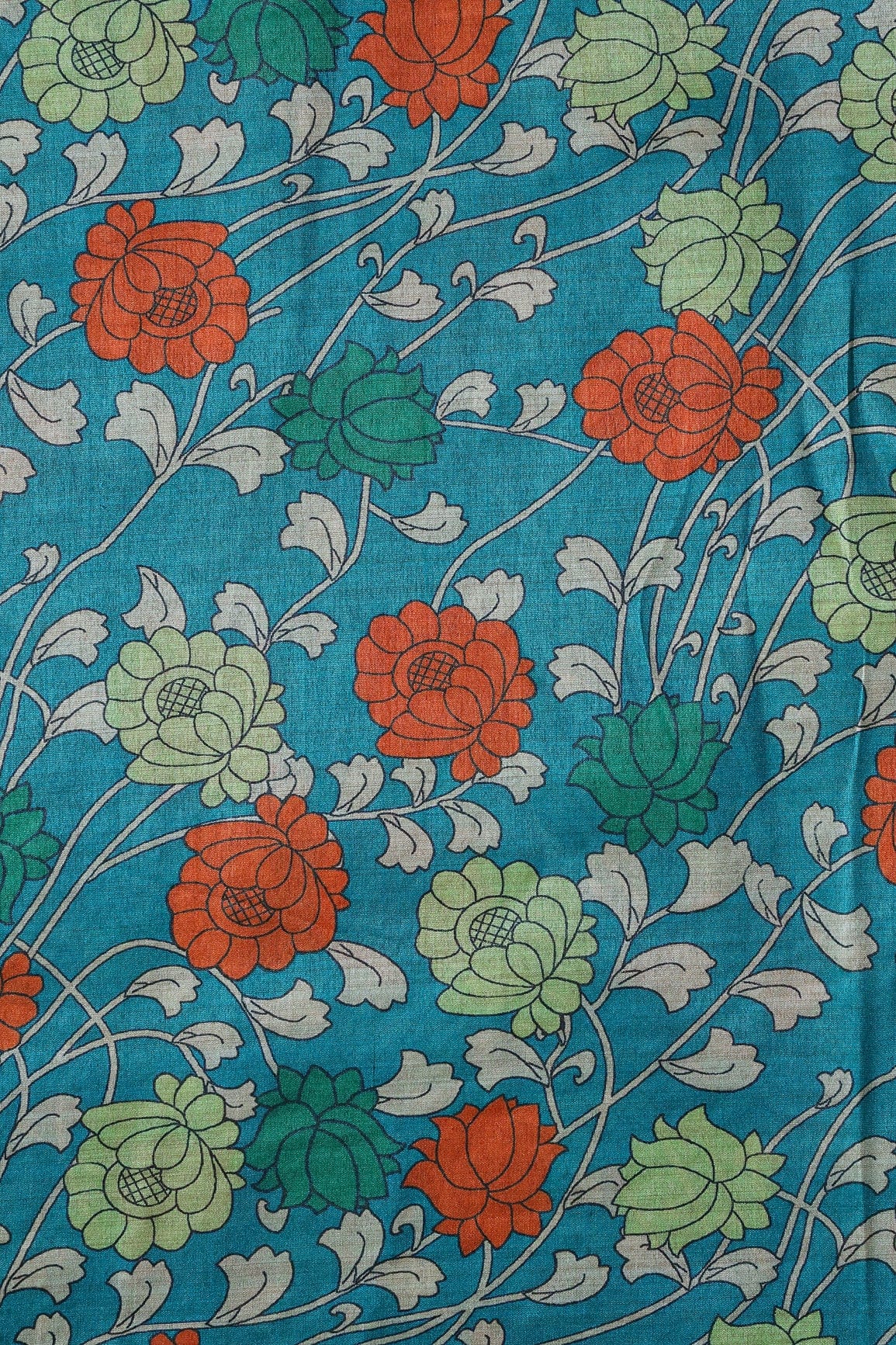 Green And Orange Color Floral Pattern Digital Print On Turquoise Mulberry Silk Fabric - doeraa