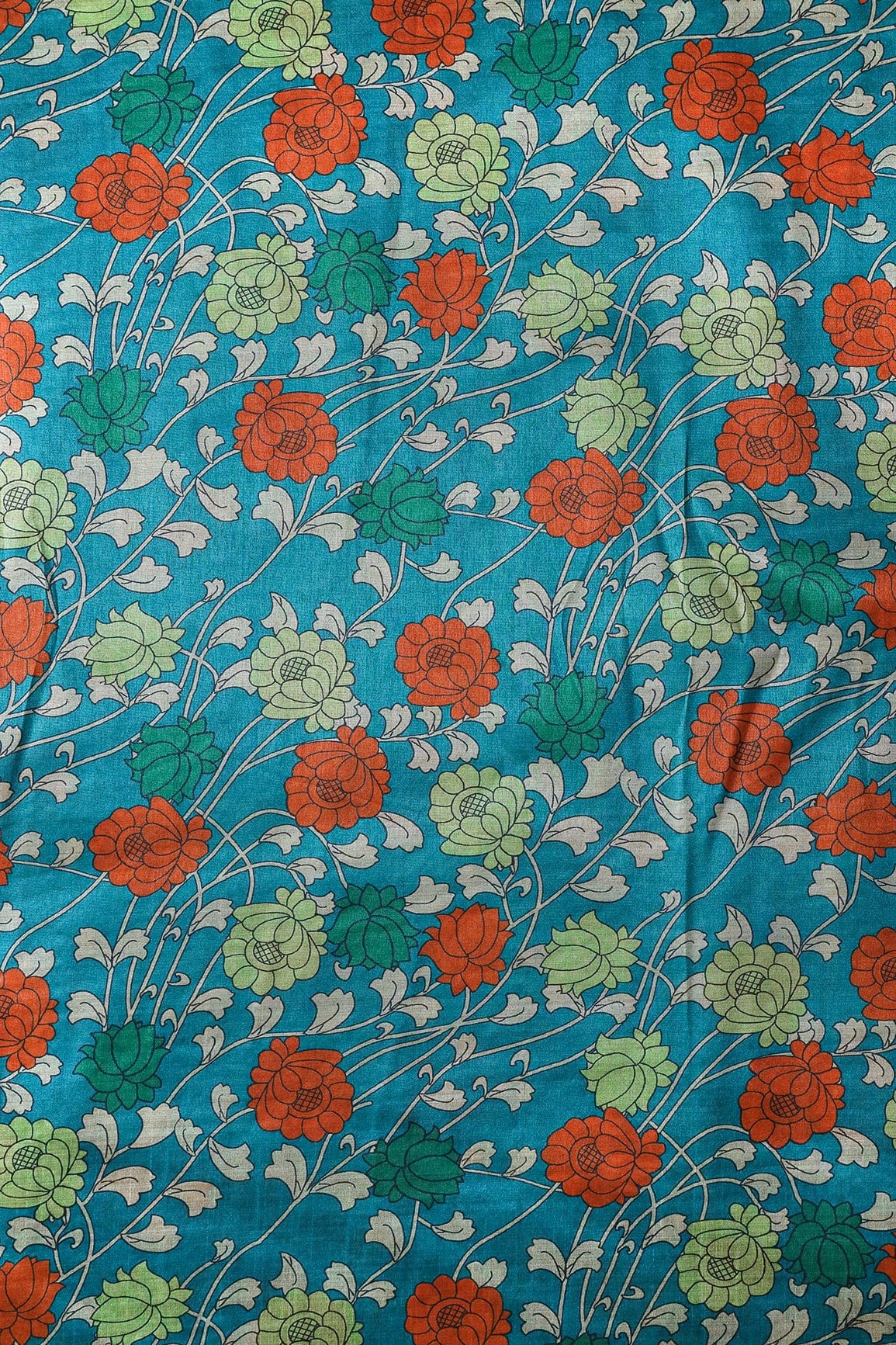 Green And Orange Color Floral Pattern Digital Print On Turquoise Mulberry Silk Fabric - doeraa