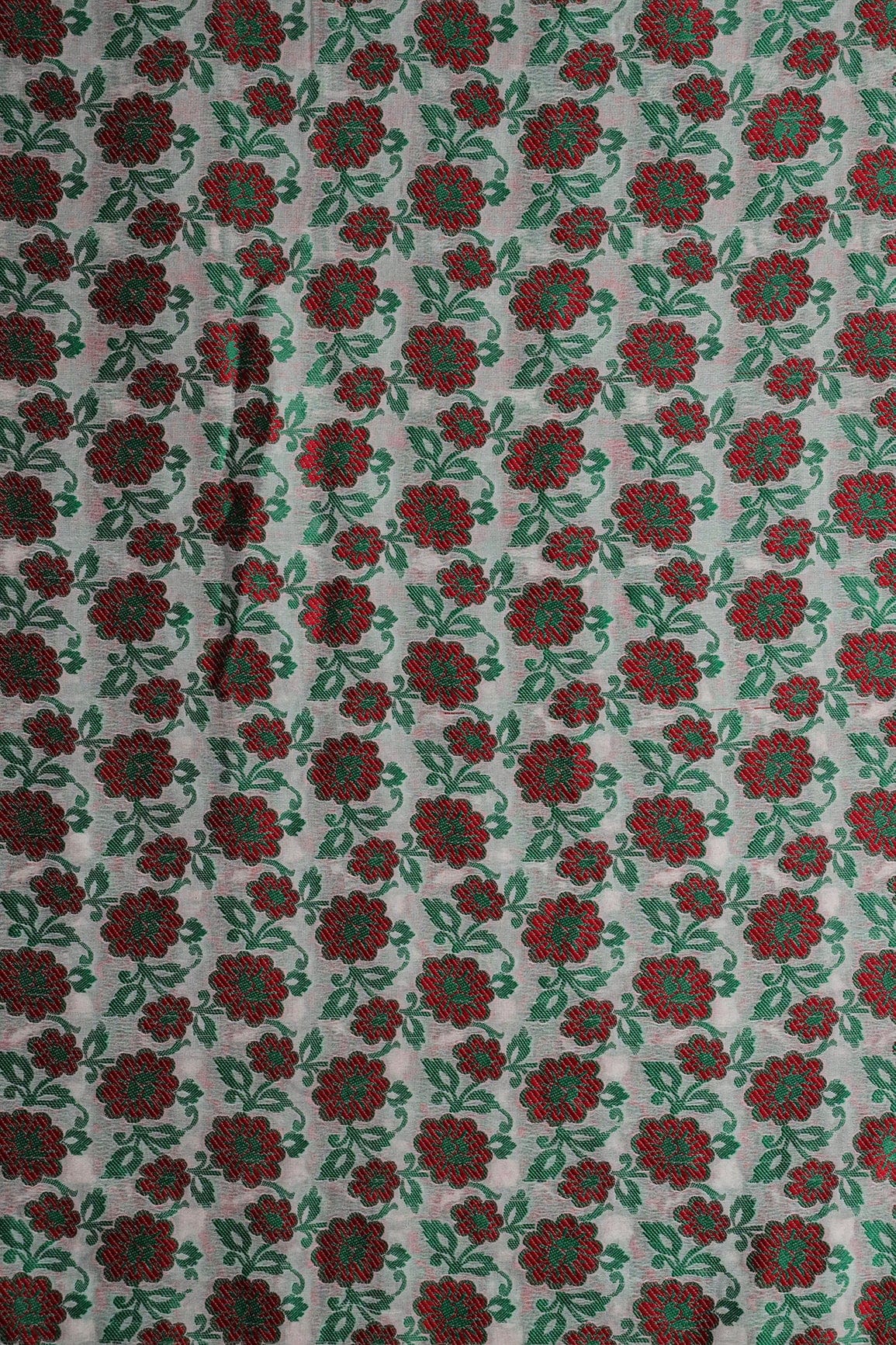 Green And Red Floral Pure Kashmiri Silk Gold Zari Dyeable Banarasi Jacquard Fabric - doeraa
