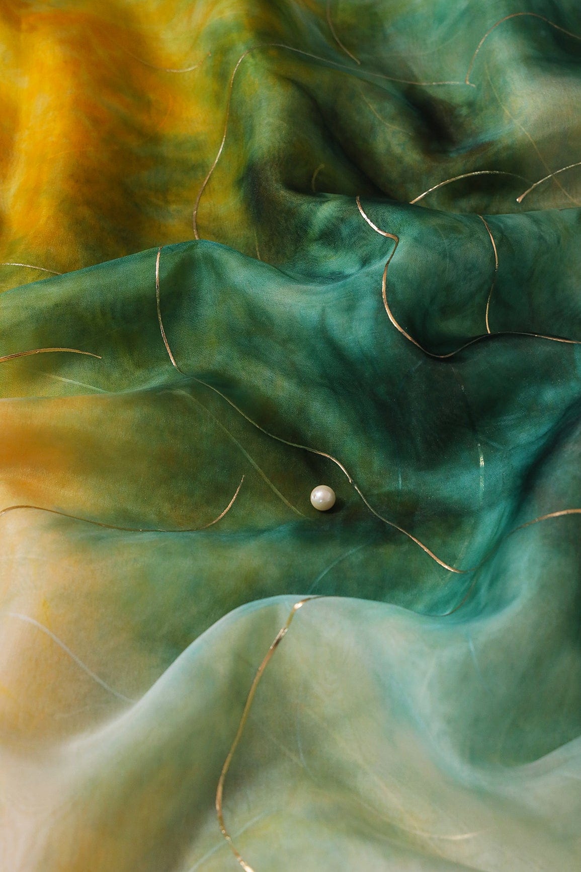 Green And Yellow Tie & Dye Shibori Foil Print On Organza Fabric - doeraa