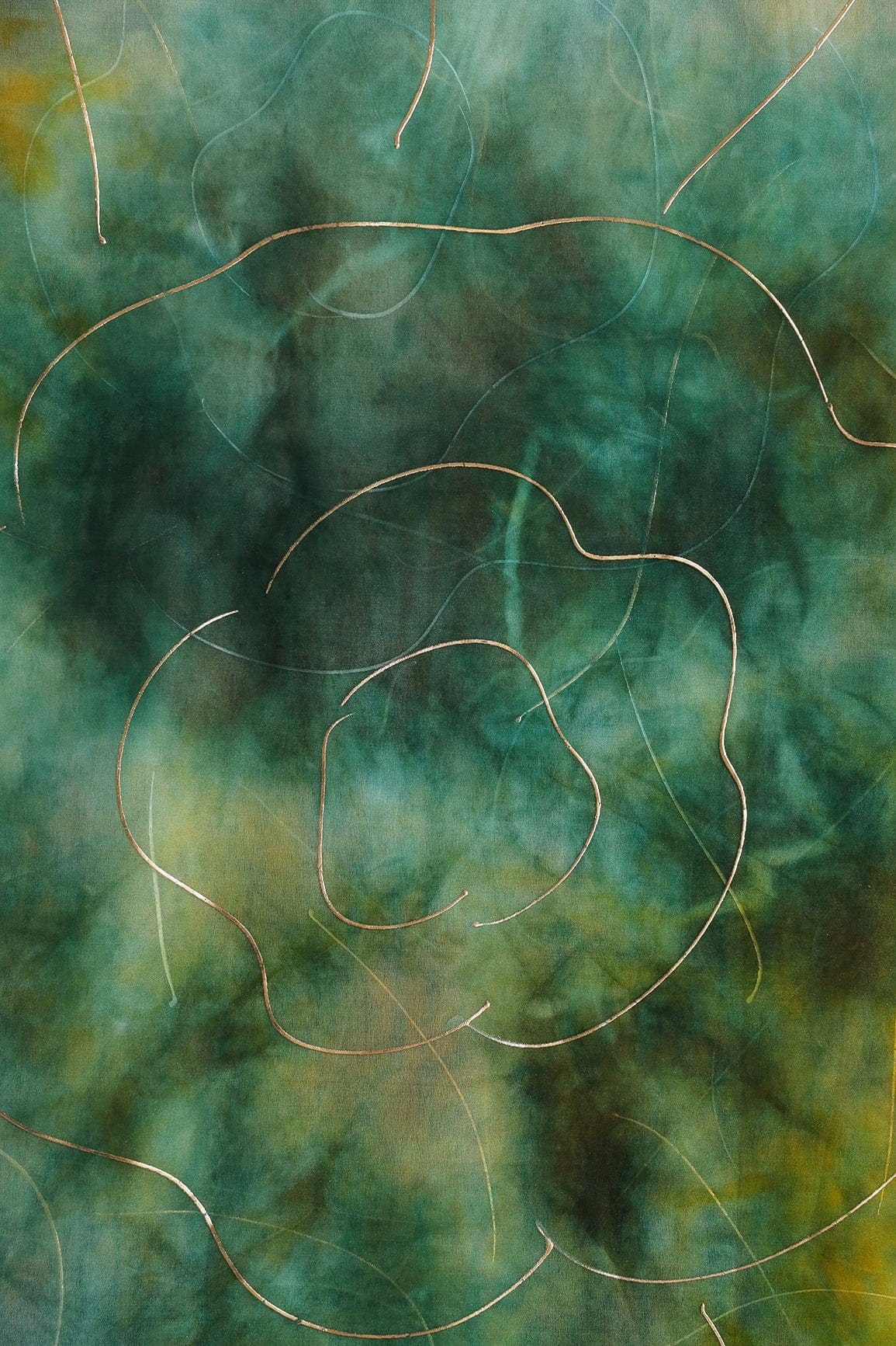 Green And Yellow Tie & Dye Shibori Foil Print On Organza Fabric - doeraa