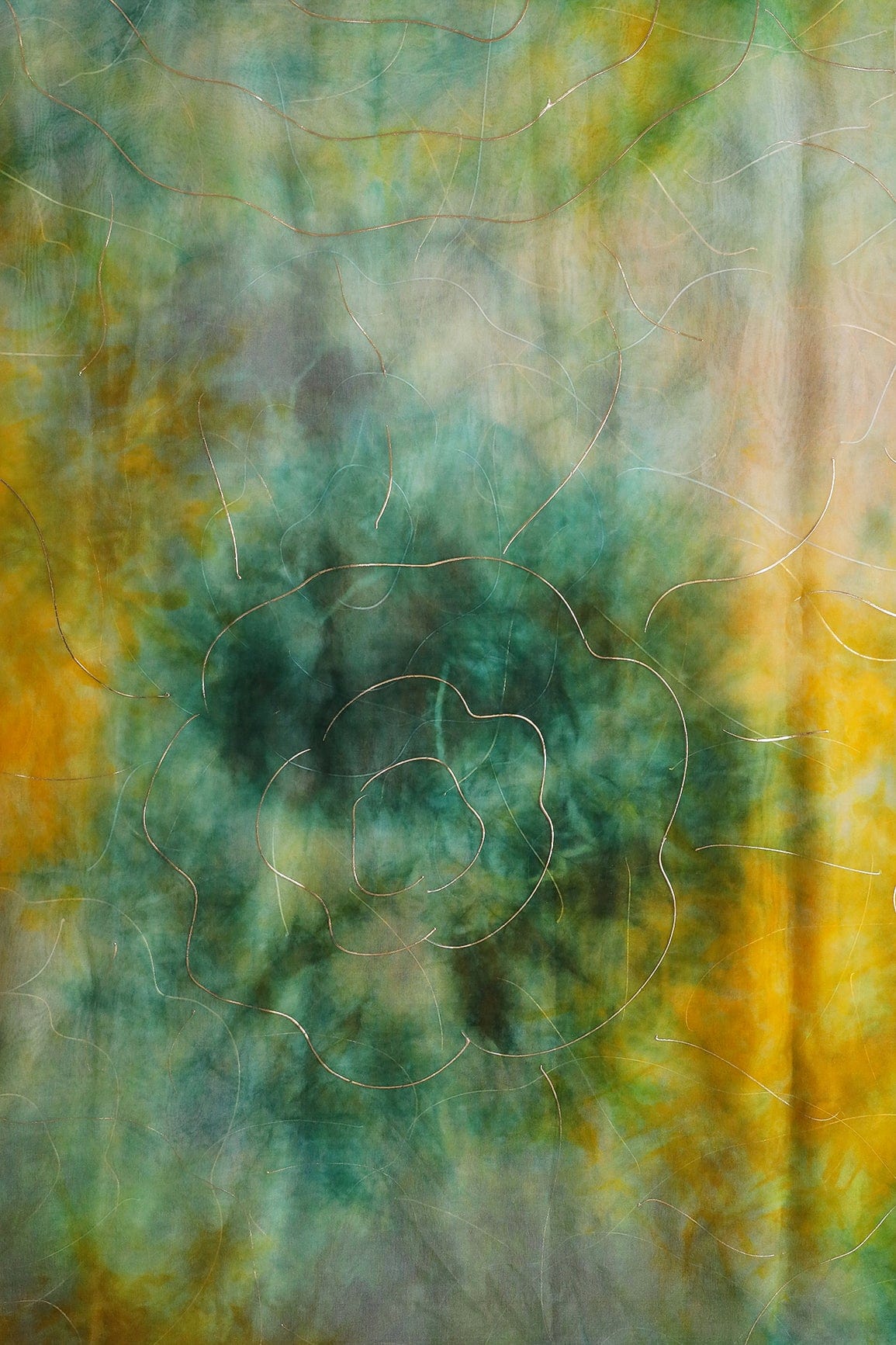 Green And Yellow Tie & Dye Shibori Foil Print On Organza Fabric - doeraa