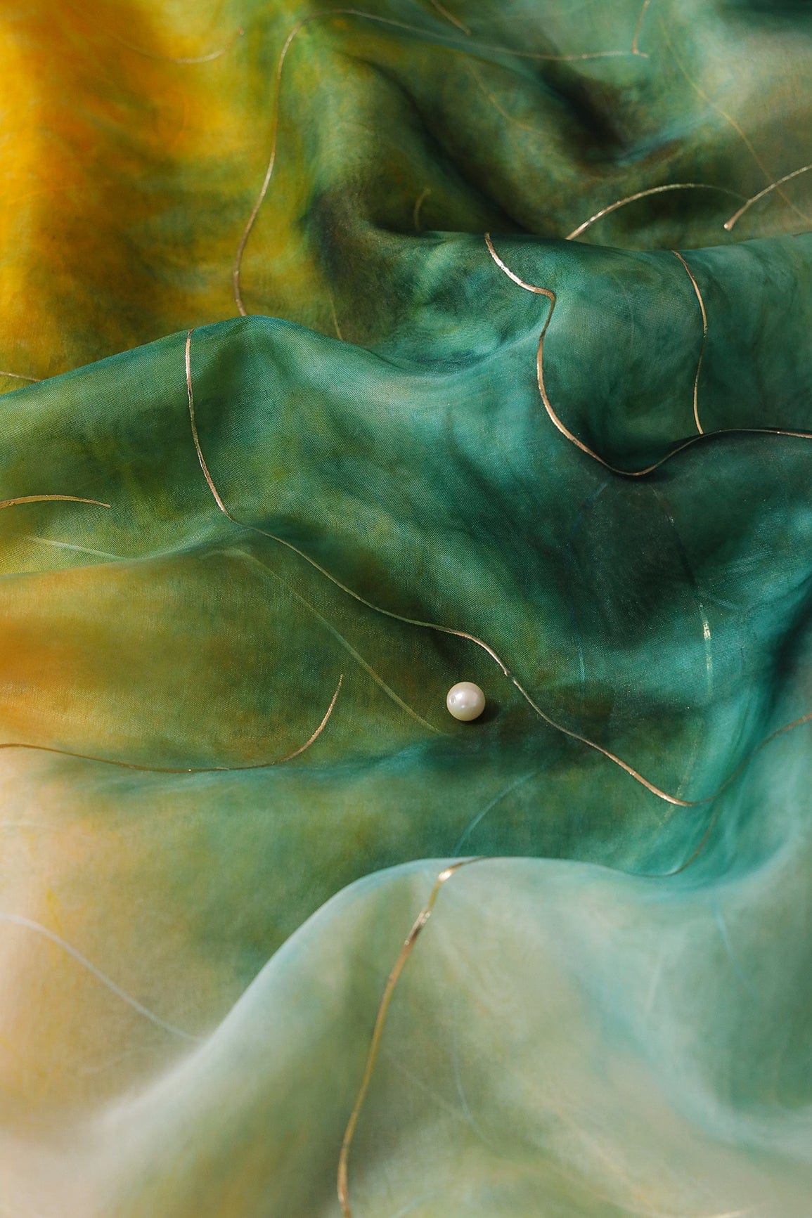 Green And Yellow Tie & Dye Shibori Foil Print On Organza Fabric - doeraa