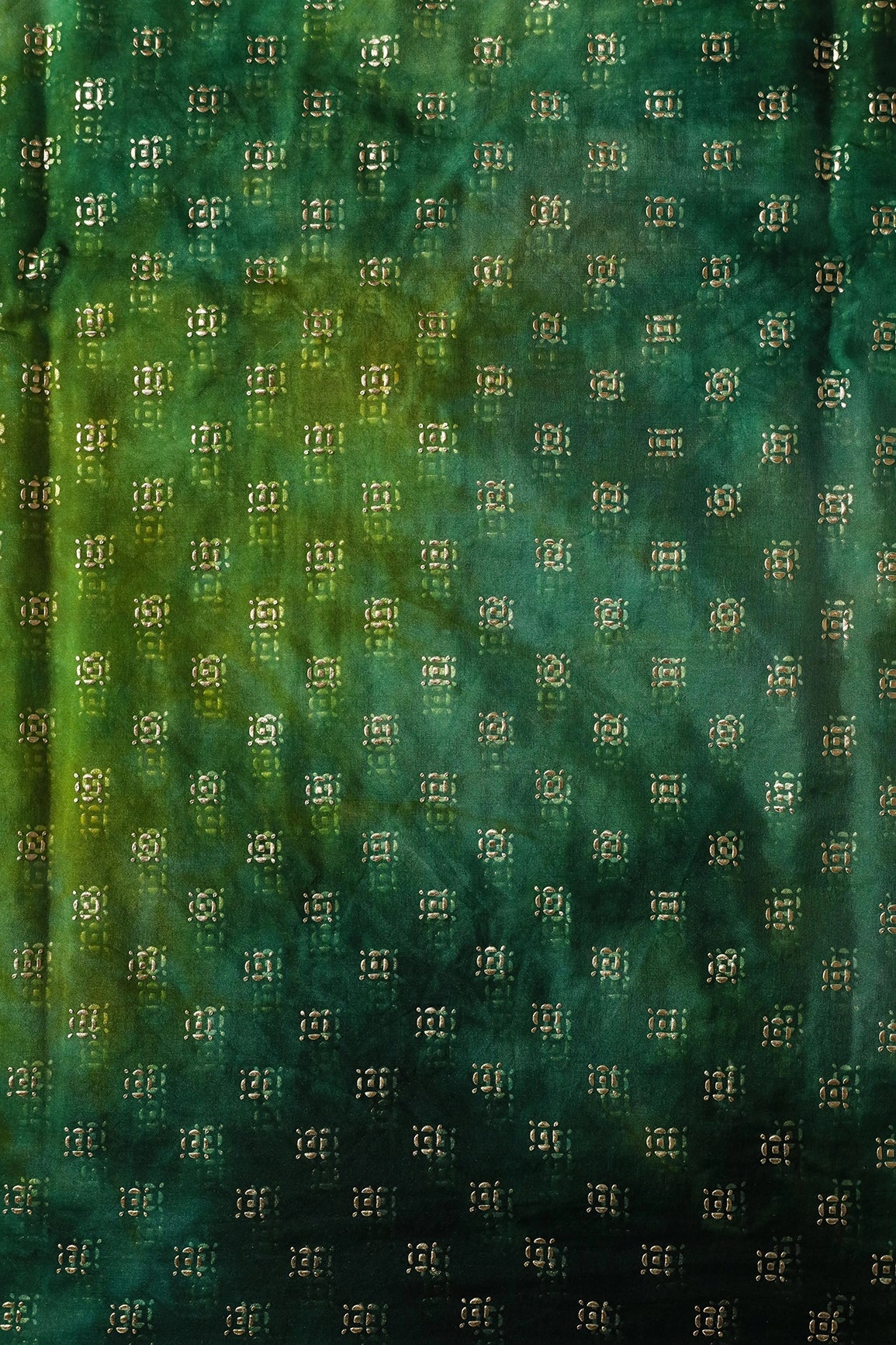 Green And Yellow Tie & Dye Shibori Small Motif Foil Print On Organza Fabric - doeraa