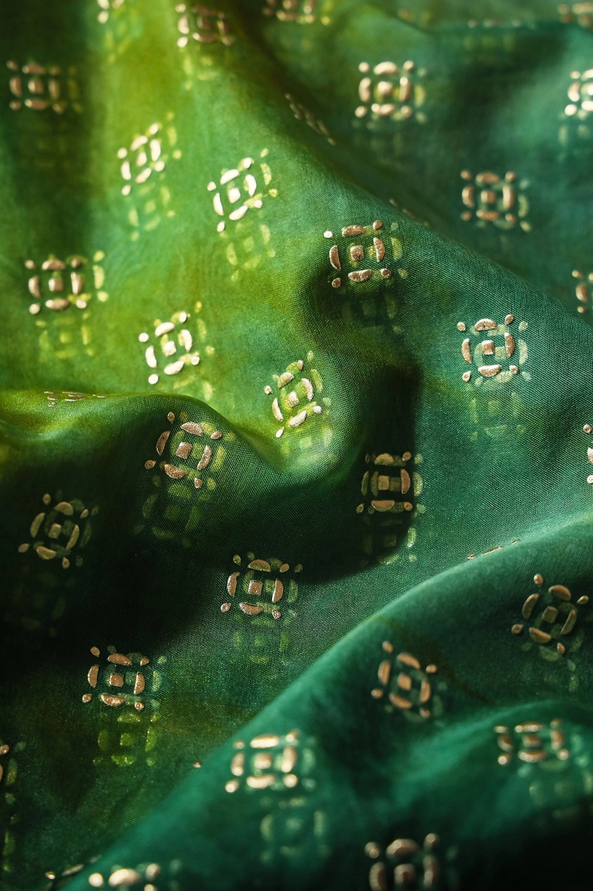 Green And Yellow Tie & Dye Shibori Small Motif Foil Print On Organza Fabric - doeraa