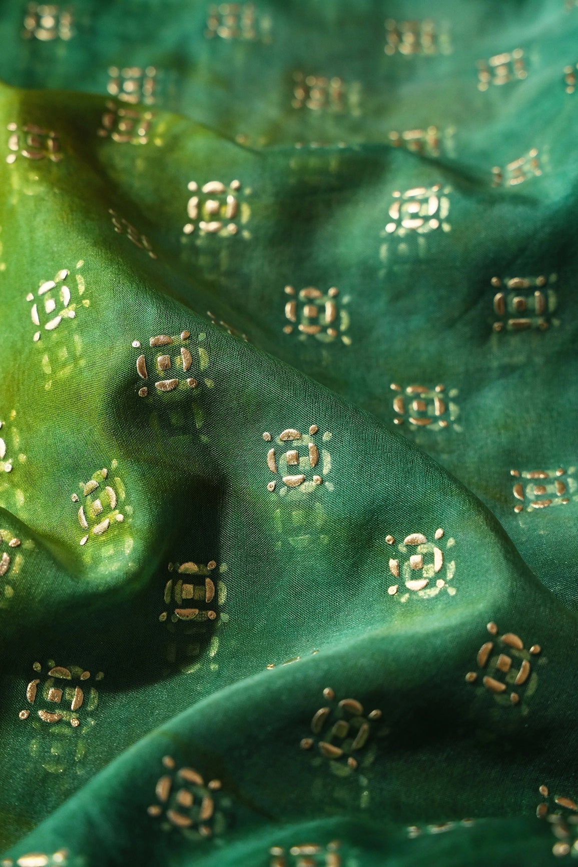 Green And Yellow Tie & Dye Shibori Small Motif Foil Print On Organza Fabric - doeraa