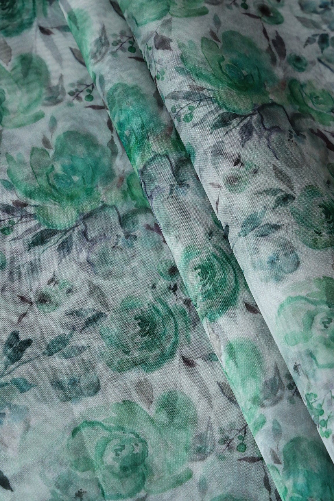 Green Beautiful Floral Digital Print On White Organza Fabric - doeraa